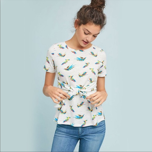 Meadow Rue by Anthropologie White Rainbow Pajaro Bird Print Tee Shirt Small NWOT - Picture 2 of 16